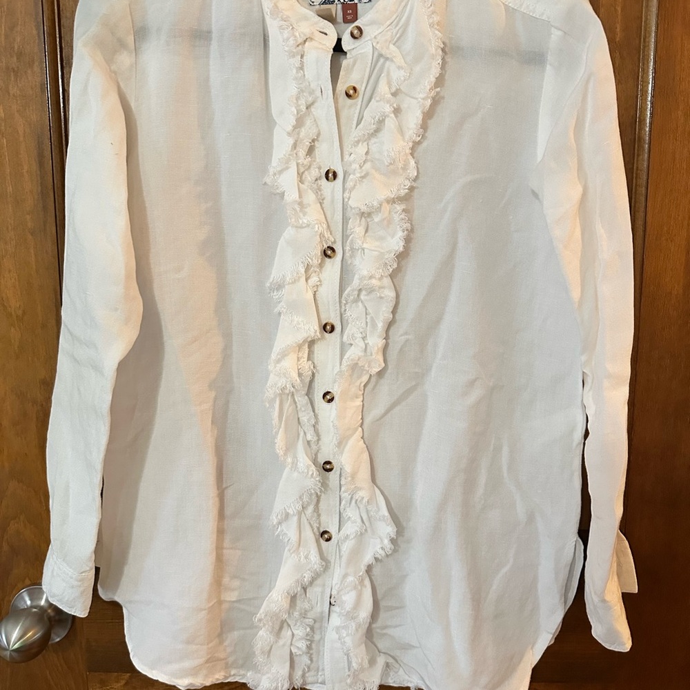 Pilcro Ruffle Placket Buttondown Shirt Long Sleeve Anthropologie Linen XS